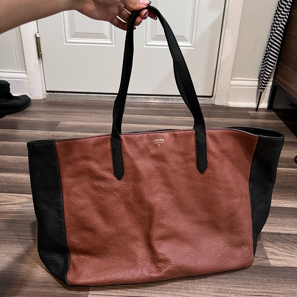 FOSSIL Sydney Black Brown Pebbled Leather Tote Bag